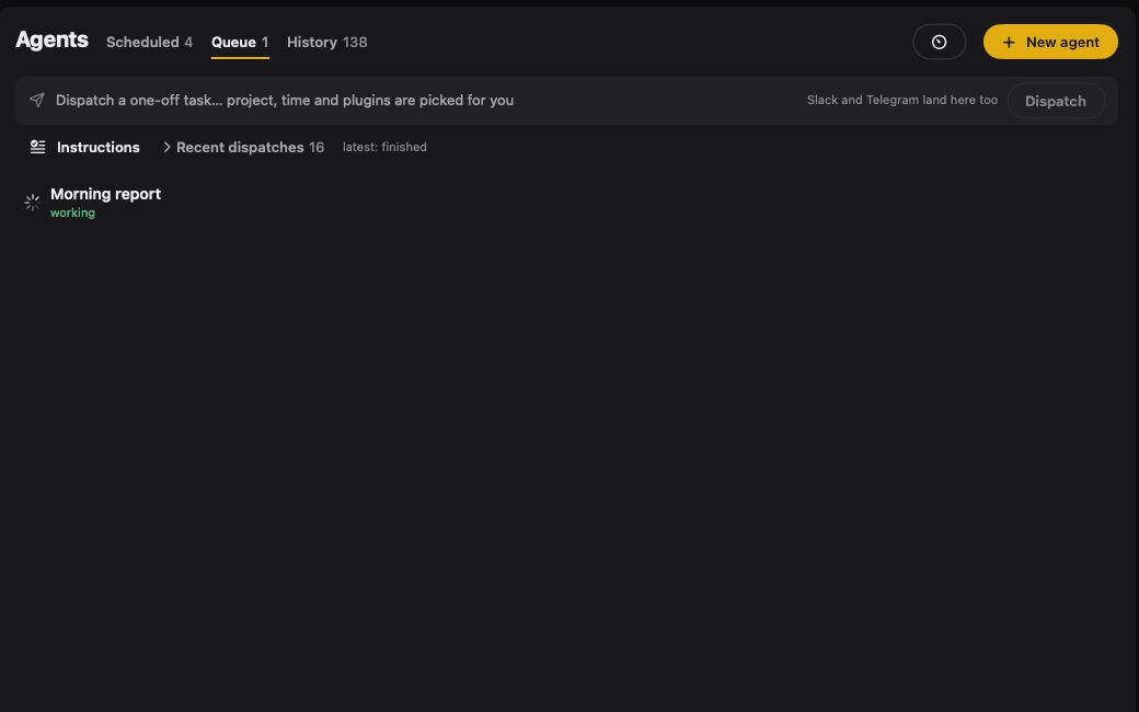 Overboard's Scheduler with the dispatch bar and the live queue: a Morning report run working